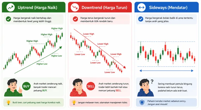 "Market ilustrasi Market Naik, Turun, dan Sideways