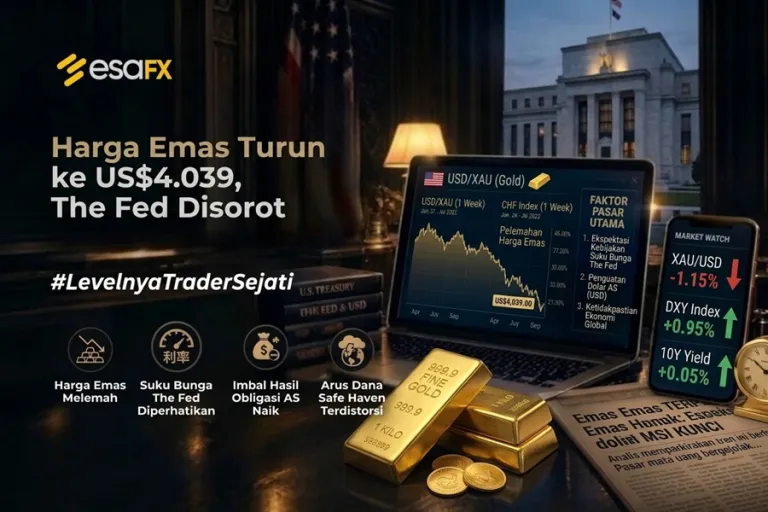 Harga Emas Turun ke US$4.039, The Fed Disorot